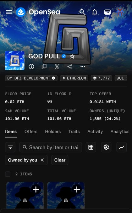A screenshot of an OpenSea NFT collection page for 'GOD PULL' by 'DFZ_DEVELOPMENT' on Ethereum, showing a floor price of 0.02 ETH and 24H volume of 101.96 ETH.