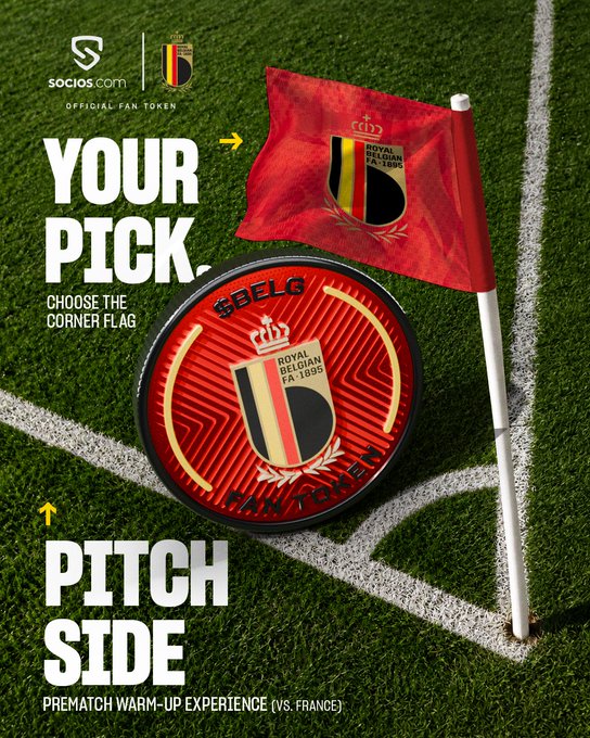 A promotional graphic for Socios.com featuring the Royal Belgian Football Club (RBFA) crest, advertising 'YOUR PICK. CHOOSE THE CORNER FLAG' and 'PITCH SIDE PREMATCH WARM-UP EXPERIENCE (VS. FRANCE)' alongside a red corner flag on a green pitch.