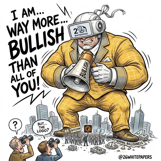 A cartoon illustration of a giant man in a yellow suit wearing a VR headset labeled '2 WHITEPAPERS' shouting through a megaphone 'BULLISH!', with text reading 'I AM... WAY MORE BULLISH THAN ALL OF YOU!' and '@26WHITEPAPERS'.