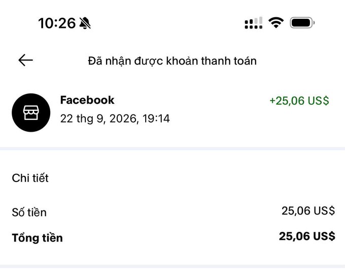 A mobile screenshot in Vietnamese ('Đã nhận được khoản thanh toán' meaning 'Payment received') showing a Facebook payment of '+25,06 US$' dated September 22, 2026.