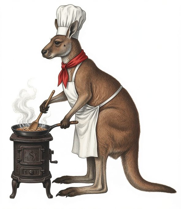 An illustration of an anthropomorphic kangaroo wearing a white chef's hat, red neckerchief, and white apron, cooking something in a frying pan on a small black stove with steam rising.