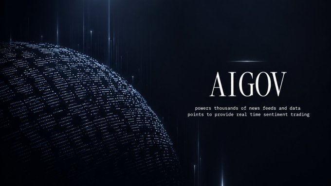A dark, futuristic graphic featuring a digital globe composed of illuminated dots displays the text "AIGOV — powers thousands of news feeds and data points to provide real time sentiment trading." The high-tech aesthetic complements the post's message about the contributor dev wallet, reinforcing AIGOV's data-driven, real-time approach behind how seasonal funding pools are distributed.