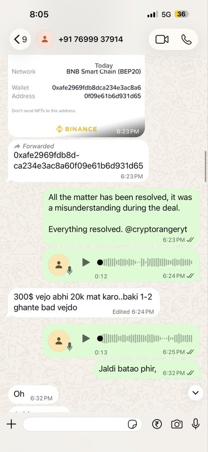 A WhatsApp screenshot showing a conversation about a BNB Smart Chain (BEP20) wallet address (0xafe2969fdb8dca234e3ac8a60f09e61b6d931d65) and discussions resolving a misunderstanding, with messages in English and Hindi.