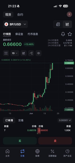 The image shows a smartphone with its screen displaying a stock market app. The app has a chart that tracks Bitcoin, which is currently valued at 0.6 US Dollars per Bitcoin (USDC). A small red dot appears next to one of the Bitcoin values on the chart. In addition to the chart, there are several options such as "Sth big is coming", "Touch a ATH", "0.666 @armaniferrante", and "AAR". The image also includes text that reads: "Sth big is coming ?" "$BP touch a ATH $0.666 @armaniferrante"". This implies that Bitcoin's price might be increasing, possibly indicating positive market sentiment or potential gains for Bitcoin holders.