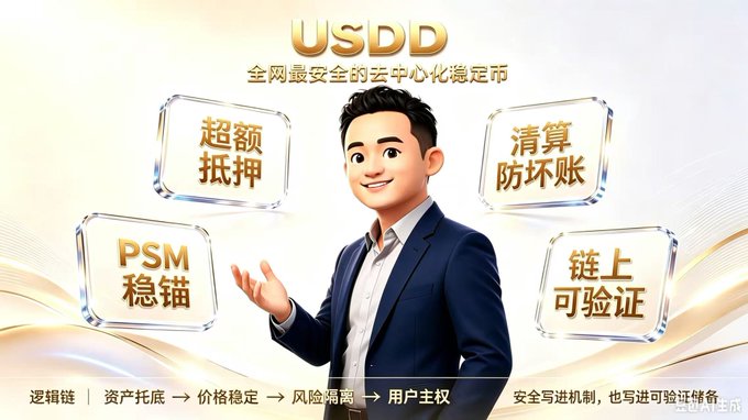 A promotional image for USDD stablecoin, featuring a 3D animated man and Chinese text describing it as the safest decentralized stablecoin with over-collateralization, clearing and bad-debt prevention, PSM stabilization, and on-chain verifiability.