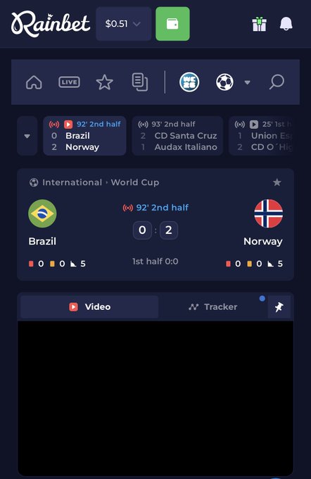 A Rainbet sports betting interface displays a live International World Cup match between Brazil and Norway, with Norway leading 2-0 in the 92nd minute of the second half, confirming the user's "Gg Norway" congratulations on the victory.