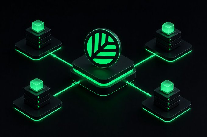 A dark, glowing green 3D illustration showing a central coin-like logo with the letter 'L' connected by lines to four smaller server stacks topped with green cubes, suggesting a blockchain or cryptocurrency network.