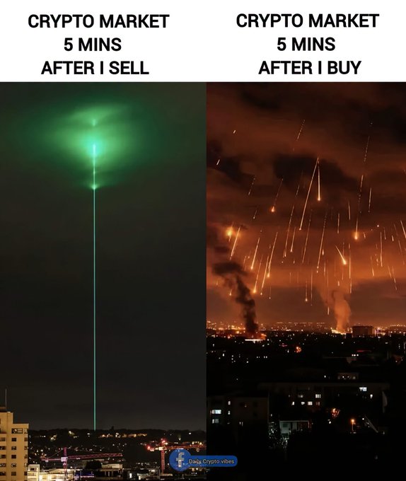 A two-panel meme comparing 'CRYPTO MARKET 5 MINS AFTER I SELL' (showing a calm green laser) with 'CRYPTO MARKET 5 MINS AFTER I BUY' (showing a city under fire from meteors).