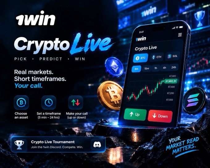 A promotional advertisement for the '1win Crypto Live' app, encouraging users to 'PICK • PREDICT • WIN' on real markets with short timeframes, showing BTC, ETH, and SOL options.