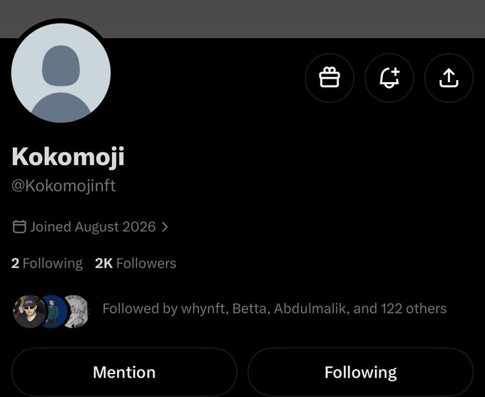 Screenshot of a Twitter/X profile page for the user "Kokomoji" (@Kokomojinft), which joined in August 2026 and has 2K followers.