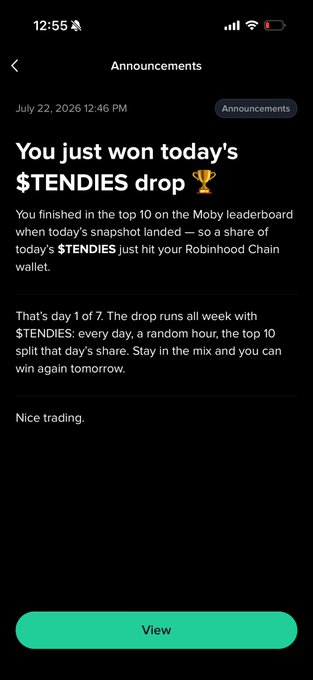 Screenshot of a mobile notification from Robinhood announcing the user won today's $TENDIES drop after finishing in the top 10 on the Moby leaderboard, marking day 1 of 7 in a week-long promotion with daily snapshots.