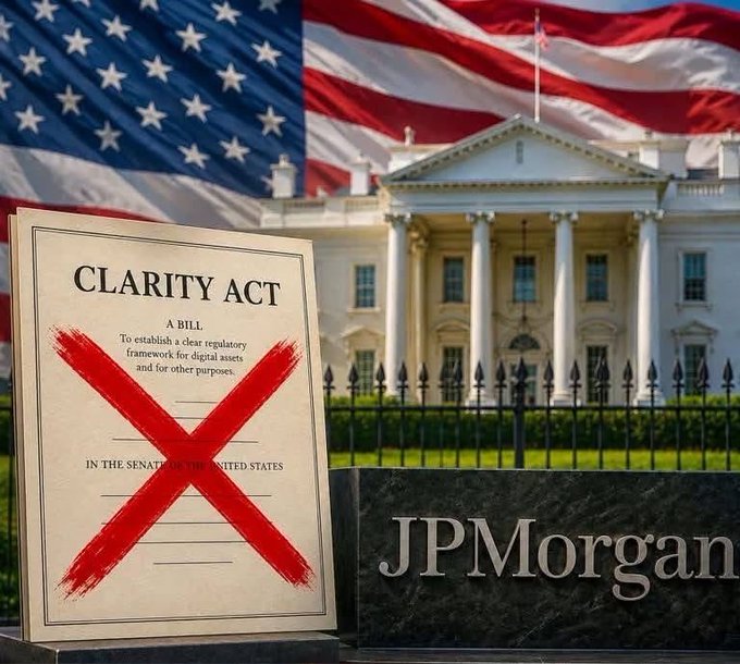 The image shows a document titled "CLARITY ACT" marked with a large red X, displayed alongside a JPMorgan sign with the White House and American flag in the background, visually illustrating JPMorgan's warning about the consequences of not passing the Clarity Act and its potential negative impact on crypto markets like $XRP.