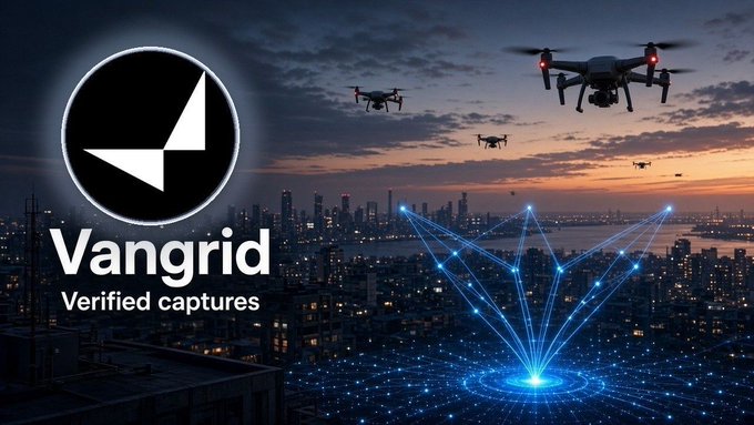 Vangrid 'Verified captures' logo over a futuristic cityscape with drones and a glowing network grid.