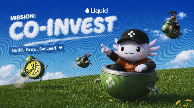 The image features a cartoon character, possibly an animated character or a stuffed animal, sitting inside a green ball with a clock on its side. The character appears to be pointing at something outside of the ball. The background of the image shows a blue sky with clouds and grass below it. In the bottom right corner of the image, there is text that reads "Mission: Co-Invest Liquid".
