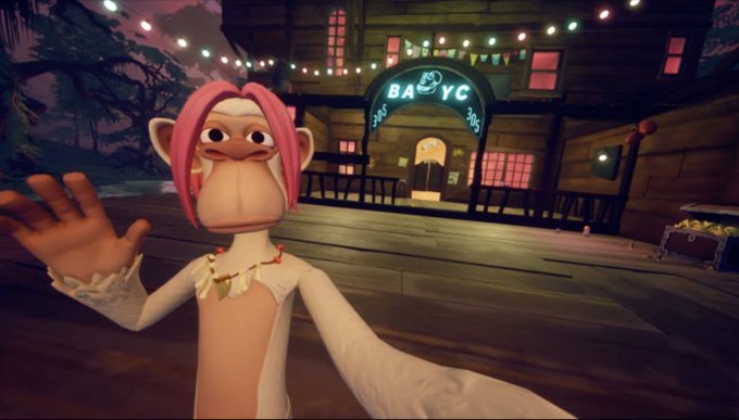 A pink-haired monkey character in OthersideMeta waves at the camera, standing in front of a building labeled "BABYC" with festive string lights overhead.