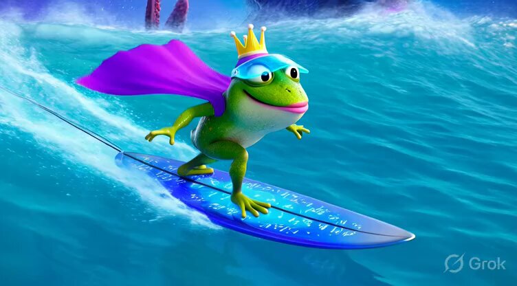 In the image, a frog with blue fur stands on a surfboard riding a wave. The frog has a crown on its head, giving it a regal appearance. On top of this, the frog is wearing goggles and glasses for an enhanced surfing experience. The backdrop features a picture of a castle on a rocky cliff or island, adding to the fantastical setting. Above the image, there's text in the corner that reads "Good Afternoon legends $ASTER can hit $30 in 2026", which could be related to the story behind this adventurous frog surfing scene.
