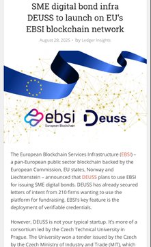 The image features a white background with blue text that reads "SME digital bond infra Deusss to launch on EU's EBSI blockchain network". The text also includes an image of a blue ribbon, which is part of a larger design featuring a European flag and a blue and gold chain. The post appears to be from the European Central Bank (ECB) and is related to Quantitative Research at Deusse.