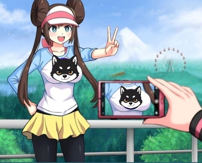 An anime-style illustration of a girl with brown hair in twin buns, wearing a pink visor and a shirt with a dog face on it, posing for a photo taken by a smartphone, with a Ferris wheel and mountain in the background.