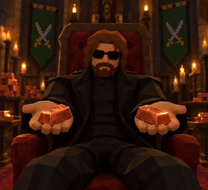 A low-poly 3D rendered character with brown hair, a beard, and sunglasses sits on a red throne wearing a black coat, holding copper ingots in each hand, with green banners displaying crossed swords in the background.
