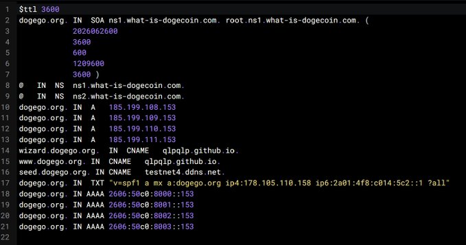 The image shows a DNS zone file for "dogego.org" with start of authority (SOA) record, nameservers, and various A, AAAA, NS, CNAME, and TXT records—including `seed.dogego.org` pointing to `testnet4.ddns.net` and an SPF record (`v=spf1 a mx a:dogego.org ip4:178.165.110.158 ip6:2a01:4f8:c014:5c2::1 ?all`)—which configures the seed node infrastructure for the new Dogecoin testnet.