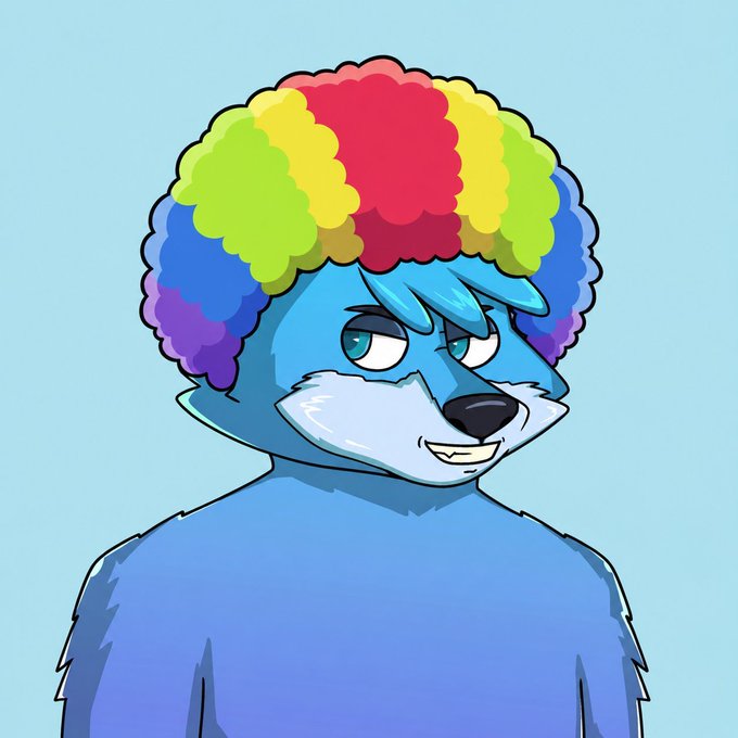 A blue anthropomorphic wolf character wearing a colorful rainbow afro wig smiles mischievously against a light blue background. The image complements the post's playful "GM Intern" tone and aligns with the wolf-themed NFT collectible (#Wolfies) being discussed, embodying the "Super Wolf Suit" aesthetic referenced in the message.