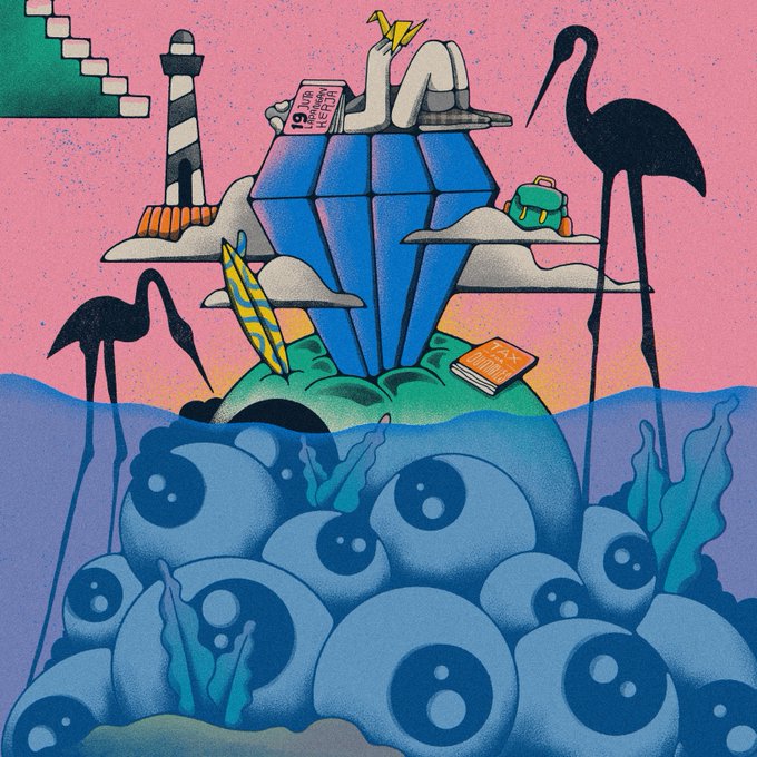 A colorful retro/vaporwave-style illustration featuring a person reading on a floating island, a lighthouse, cranes, and a giant eyeball cluster underwater between blue and pink sky/sea.