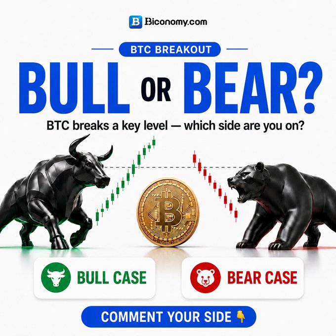 A Bconomy.com graphic titled 'BTC Breakout Bull or Bear?' featuring a Bitcoin coin between a black bull and bear statue, asking viewers to comment which side they are on.