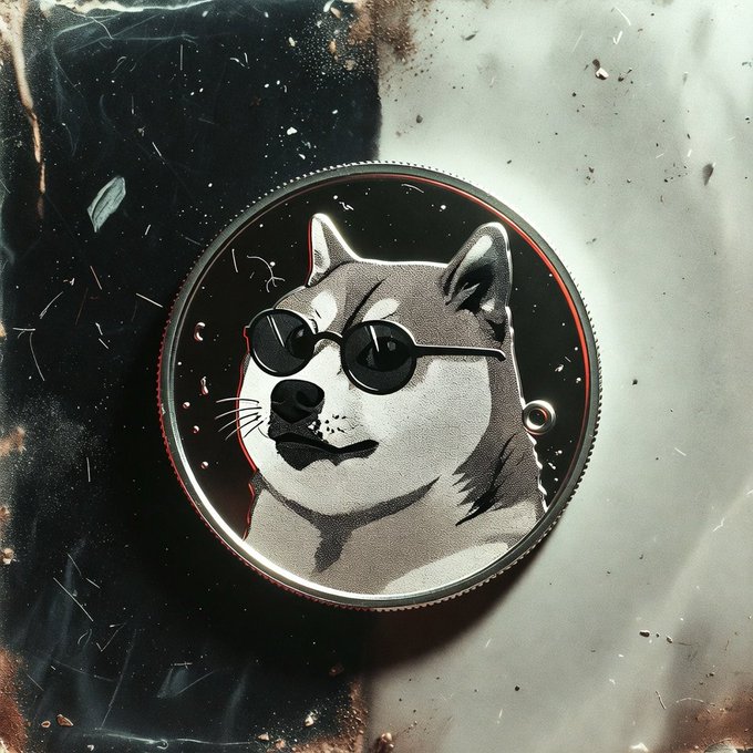 The image features a coin with a cartoon dog wearing sunglasses, giving it a humorous and eye-catching appearance. The coin has a black background that contrasts with its white face design. The text "Dogecoin" is visible at the bottom of the image, indicating that this might be related to or associated with Dogecoin, a popular cryptocurrency.