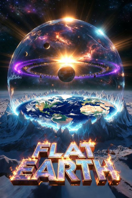 A dramatic cosmic illustration showing Earth contained within a glowing dome atop icy mountains, with planets and rings in the starry sky above, captioned "FLAT EARTH" in fiery metallic letters.