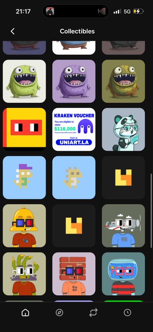 A smartphone screen displays a "Collectibles" page on a dark-themed app, showcasing a grid of NFT characters including green and purple monsters, a Kraken voucher worth $116,000 redeemable at UNIART.LA, and various pixelated avatars with red 3D glasses. The post suggests reporting a visibility issue with the VRnouns collection on the baseapp, possibly linked to the collectibles shown.