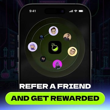A smartphone screen displays a vibrant radar-like graphic with user avatars orbiting a central flask icon, accompanied by the bold text "REFER A FRIEND AND GET REWARDED." The illustration visually reinforces the post's message by highlighting LAB's simple referral system, where sharing a trading link earns rewards as users join the ecosystem.