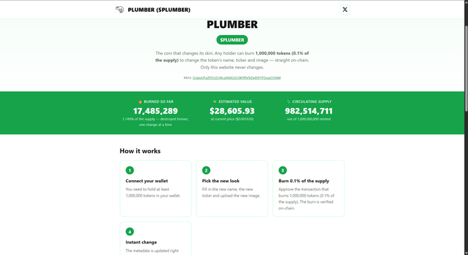 A Plumber ($PLUMBER) token webpage showing it's already burned 1,000,000 tokens to transform into $CHAM, with 17,485,289 tokens burned to date, $28,605.93 estimated value, and 982,514,711 tokens of circulating supply. The "How it works" section explains that holding ≥1,000,000 tokens allows on-chain renaming of the token's name, ticker, and image, matching the post's description of $CHAM being the transformed version of the token.