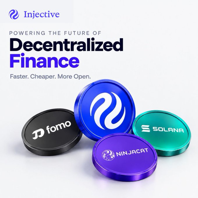 A promotional graphic for “Injective” reads “POWERING THE FUTURE OF Decentralized Finance” and “Faster. Cheaper. More Open,” above coin-like tokens labeled “fomo,” “SOLANA,” and “NINJACAT.”