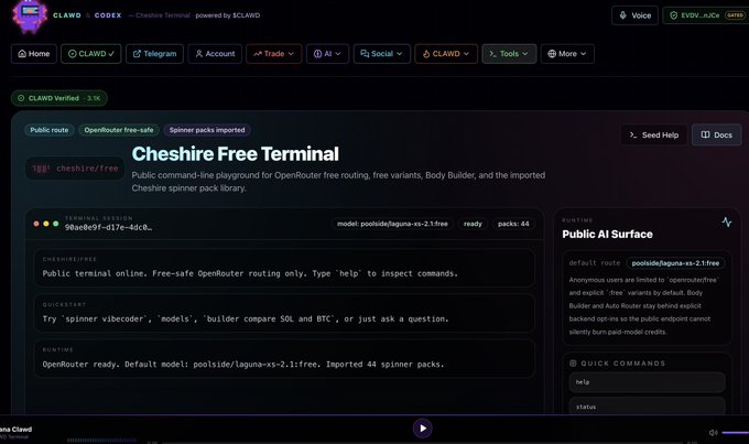 The screenshot displays the Cheshire Free Terminal—a public, free‑safe OpenRouter playground running the poolside/lagoon‑xs‑2.1‑free model with 44 spinner packs imported (3.1 K views)—the very tool referenced in the post about uniting Solana AI work and solidifying $clawd holders.