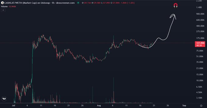 A 1-hour DEX Screener candlestick chart of CASHCAT/WETH shows the token trading around 127.88M market cap with an upward-curving hand-drawn arrow predicting a moonshot to ~2.5B. The chart's current price sits well below the projected target, visually reinforcing the post's claim that "Billions" are imminent as fomo drives the Robinhood Chain token to "the next tier."