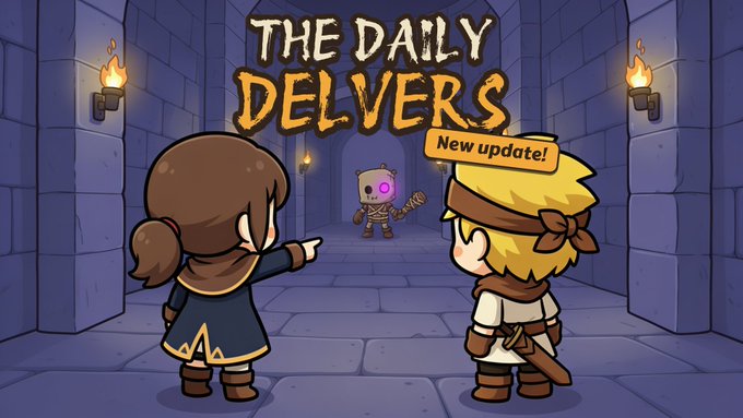Promotional artwork for "The Daily Delvers" game update features two cartoon adventurers—a brown-haired character in a robe and a blonde warrior with a sword—facing a skeletal enemy in a torch-lit dungeon, with a "New update!" banner highlighting the v0.2.25 release on Google Play mentioned in the post.