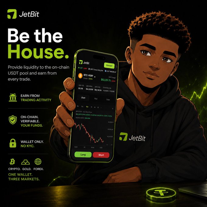 Advertisement for JetBit crypto platform featuring an illustrated young man in a hoodie holding a smartphone showing the trading interface, with text 'Be the House' and features like 'Earn from trading activity', 'On-chain verifiable', and 'Wallet only'.