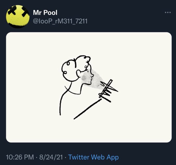 A tweet from user "Mr Pool" (@looP_rM311_7211) posted on 8/24/21 at 10:26 PM via Twitter Web App, featuring a simple black-and-white line drawing of a person with a head covering exhaling or projecting lines from their mouth while holding what appears to be a small object, likely referencing XRP cryptocurrency in the context of the post.