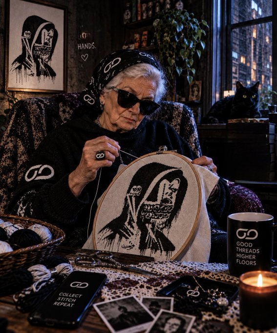 An elderly woman with sunglasses and a black bandana embroidering a stylized hooded figure design, surrounded by themed merchandise featuring "GOOD THREADS HIGHER FLOORS" and "COLLECT STITCH REPEAT."