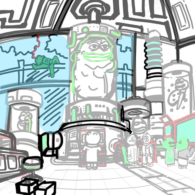 A digital sketch with green and blue accents depicting a sci-fi laboratory scene featuring a character in a cylindrical tank and several figures in lab coats.