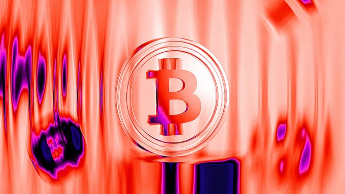 A stylized Bitcoin logo appears in 3D form with a glossy, distorted red and orange reflective background.