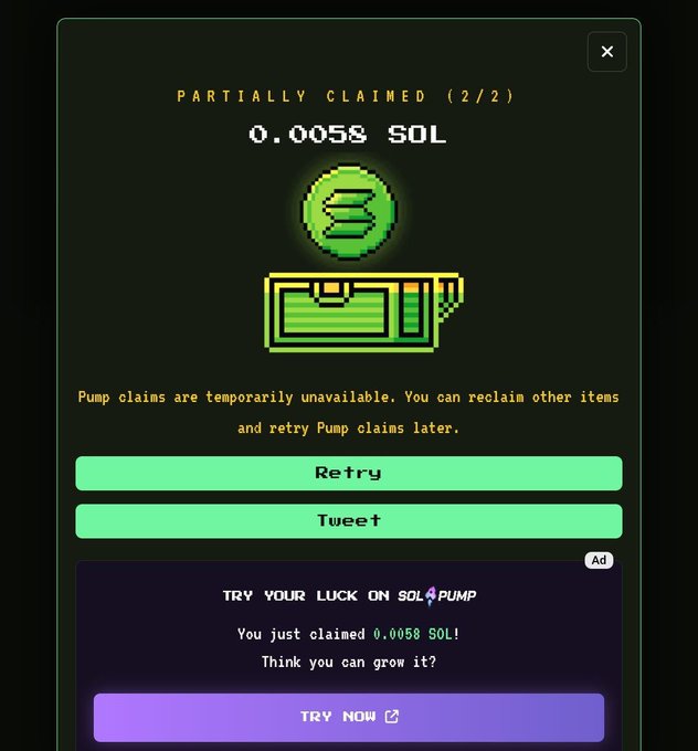A mobile app screenshot showing a 'PARTIALLY CLAIMED (2/2)' status with '0.0058 SOL' earned, featuring pixel art graphics and buttons for 'Retry', 'Tweet', and 'TRY NOW' from 'SOL PUMP'.