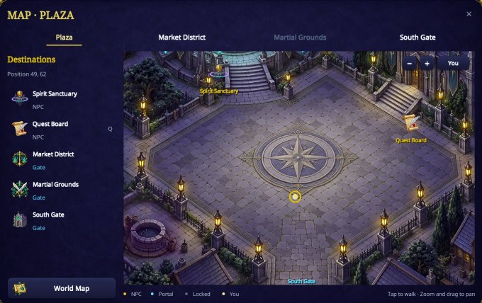 A map interface titled "MAP · PLAZA" displays an in-game plaza location with destinations including Spirit Sanctuary, Quest Board, Market District, Martial Grounds, and South Gate, likely from the Jadebound spirit-beast fantasy RPG mentioned in the post.
