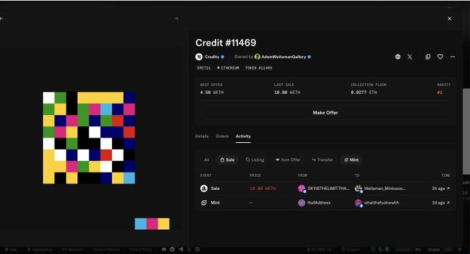 An NFT marketplace listing for "Credit #11469" in the AsianWallstreetGallery collection, showing best offer 4.50 WETH, last sale 10.88 WETH, and 0.0277 ETH floor price.