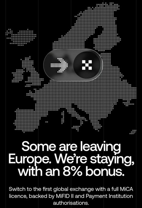 The image is an OKX advertisement featuring a pixelated map of Europe with a stylized exchange icon, promoting the text "Some are leaving Europe. We're staying, with an 8% bonus" along with messaging about switching to a MICA-licensed exchange. It supports the post's theme by highlighting OKX's commitment to European crypto users during a time when other exchanges are leaving the region.