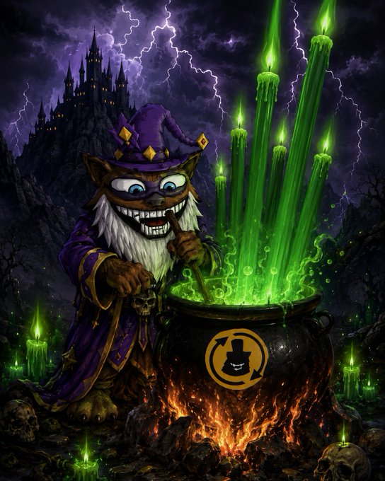 A menacing wizard bear with a wide grin stirs a glowing green potion in a bubbling cauldron surrounded by skulls and lit candles, with a dark castle and lightning storm in the background. The cauldron prominently displays the Bearswap logo, tying the sorcerer's magical brew to the project's cryptic branding in the post.