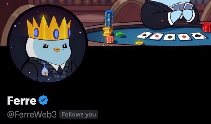 The image shows a Twitter/X profile for "Ferre" (@FerreWeb3) featuring a penguin wearing a gold crown avatar alongside a casino poker table scene with playing cards and chips. This relates to the post's call for crypto community connections, as the poker/gambling imagery and "Web3" handle suggest engagement with crypto trading and online gambling culture to attract like-minded mutuals.