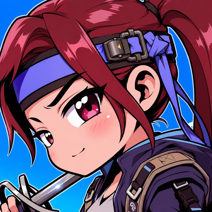 An anime-style illustration of a red-haired character with purple eyes wearing a blue headband with a buckle, set against a bright blue sky background.