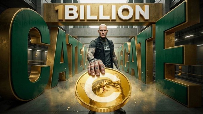 A muscular bald man with tattoos wearing a "CATE" shirt holds a giant gold coin featuring a cat, standing before massive "BILLION" and "CATE" letters in an industrial setting—visually reinforcing the post's ambitious "Billion Dollar CATE" thesis as the $CATE community grows past 118K holders.