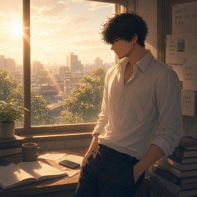 An anime-style illustration of a young man with dark hair wearing a white shirt, standing in a sunlit room with books and a coffee mug by a window overlooking a cityscape.